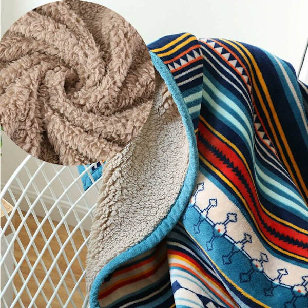Plaid Fleece Tæppe 125x150cm, Blødt og Hyggeligt Tykt Flanneltæppe, Vendbart Blåt Tæppe og Plaider, Blødt Hyggeligt Sherpa Sofatæppe Stribe