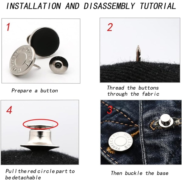 10 stk. Jeans-knapp, 17mm avtakbar metall DIY-knapp, justerbar, montert, jeans-trykknapp for reparasjon av bukser, frakk, jakker