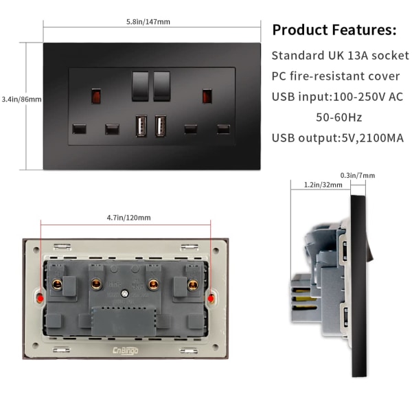 5-pack Dual Switch-uttag med 2 USB laddningsportar, 2 uppsättningar med 13 Amp power , svarta PC Board vägguttag