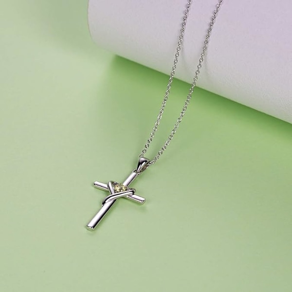 Augusti Födelsesten Korshalsband - 925 Silver med 5A CZ Peridot & 14K Guld/Roséguld - Olivgrön Unisex Festival Smycke