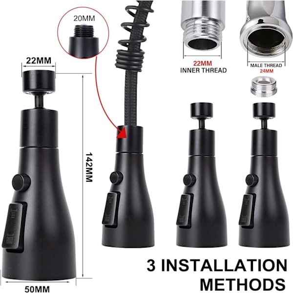 1 stk (svart) Svart kjøkkenkran-sprayer, 3 moduser kjøkkenkran-dyse, kjøkkenkran-sprayer, kranhode, kjøkkenkran-forlengelse