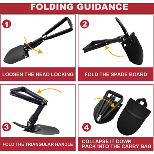 1 stk. stor multifunksjonell sammenleggbar spade på 48 cm med oppbevaringspose, campingspade for graving/kutting/planering/fjerning av tre, sammenleggbar spade