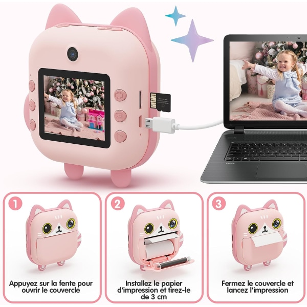Instant Print -digitaalikamera lapsille, 2,4 tuuman LCD-näyttö, 1080P HD Selfie -videokamera 32 Gt:n TF-kortilla, syntymäpäivä ja joulu