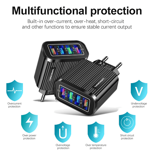 Luminous 4USB mobiltelefon laderhode europeisk standard reiselader stripete USB smart nettbrettlader