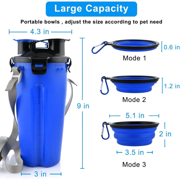Hundeflaske med 2 sammenklappelige skåle Bærbar 2 i 1 vandflaske og mad til hunde Katte kæledyr, rejseflaske til gåture, motion, vandreture, Ca