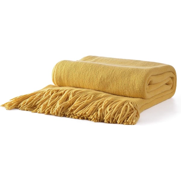 Stickad filt 130x240cm (gul), lätt och mjuk dekorativ vävd filt med tofsar. Perfekt för resor, soffa, säng, soffa