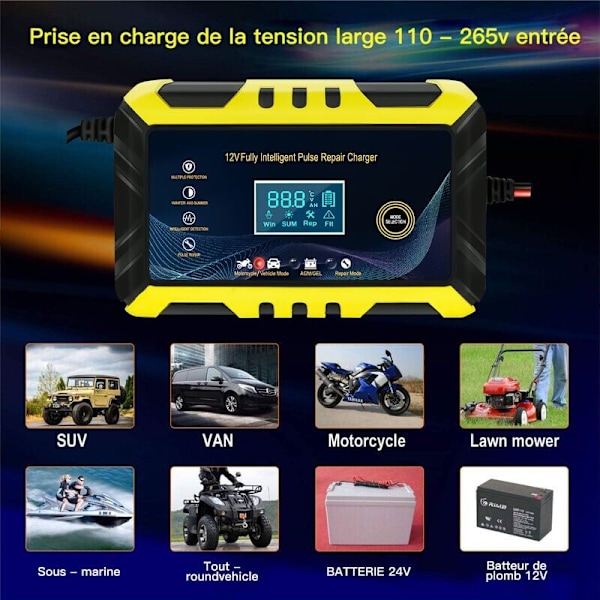 Bilbatterioplader - 12V/6A Smart Batterioplader, LCD-display, Batterioplader Vedligeholder, Sort/Gul