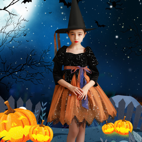 1 sæt Halloween børnekostumer piger heksekjole cosplay maskerade kostume hekse prinsessekjole
