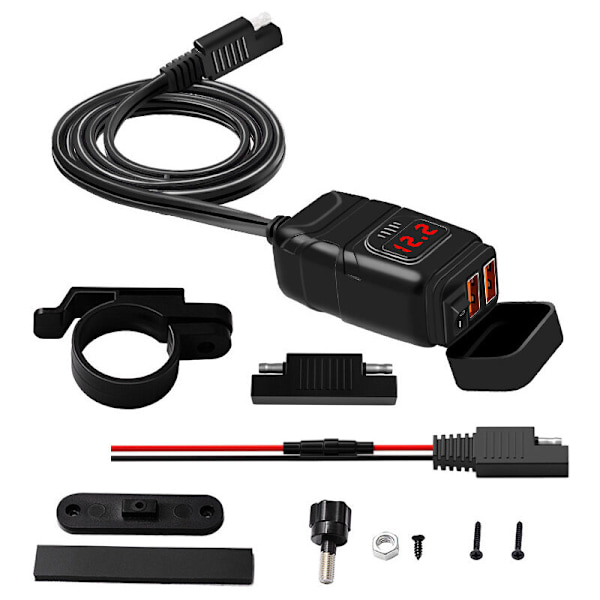 Vanntett motorsykkel USB-lader, Dobbel USB/QC3.0 Dobbel billader, USB Motorsykkel Hurtiglading med bryter og LED voltmeter