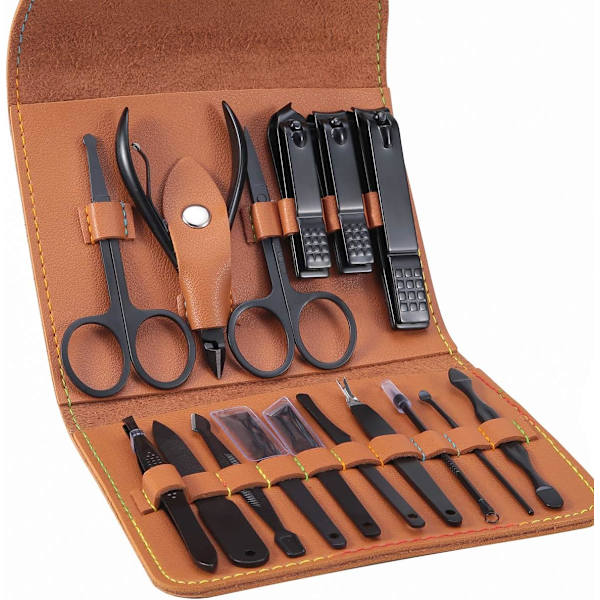 Manikyr Pedikyr Kit - Professionella nagelklippare nagelbandsskärare rostfritt stål - Manikyr Pedikyr Kit 16pcs Set med utsökt låda (Brun)