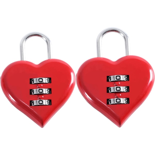 Sett med 2 hjerteformede hengelåser med nummerkode - rød - liten 3D
