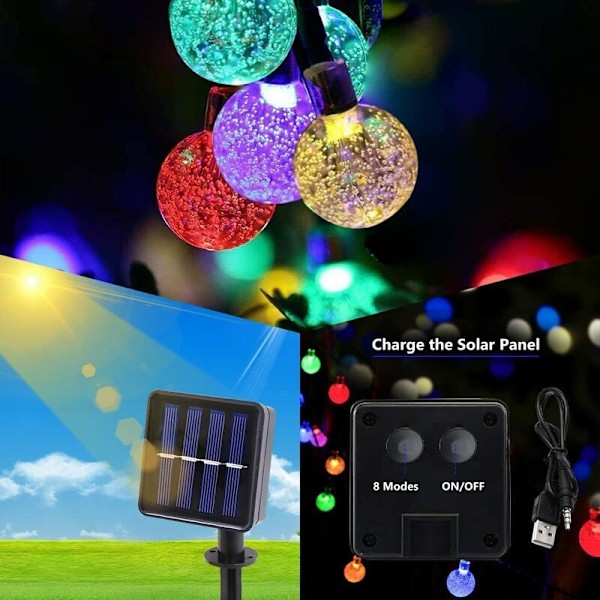Solarslinga Utomhus med USB-kontakt, 50 LED 7m, 8 Lägen, Färgglada Solarslingor Utomhus IP65 Vattentät för Trädgård, Balkong, Träd, Bröllop