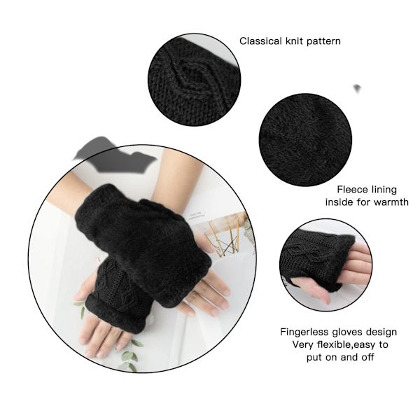 Fingerlösa handskar för kvinnor - Vinter Stickade Termiska handledsvärmare Dam Fleecefodrade fingerlösa handskar Vantar Kabel Stickade Termiska Vantar med tumhål