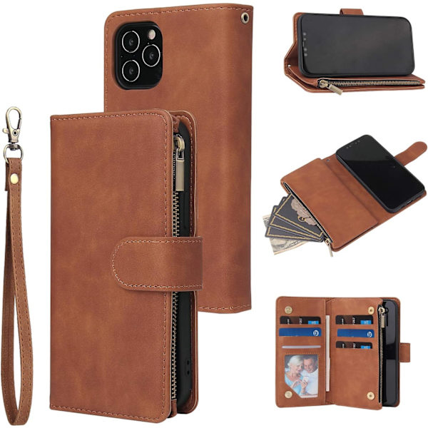 (Brun) Lommebokveske for iPhone 12 Pro 6,1 tommer (telefon ikke inkludert), Premium Vintage Lær Magnetisk Lukking Håndveske, Glidelås Lommedeksel, Fotstøtte
