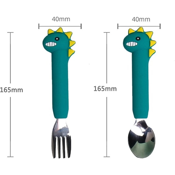 Forskesett med dinosaur-silikon gaffel og skje (grønn lang), babytrening selvbetjeningsmater lett å gripe småbarns bestikksett, egnet for avvenning