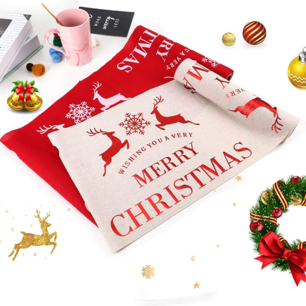 Jultomte tryckt bomull linne duk Jul bordslöpare rektangulär bordslöpare duk dekorationer（Beige älg）