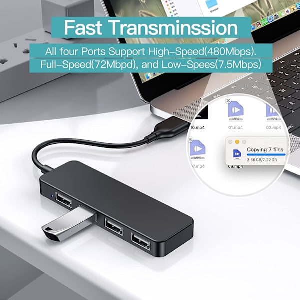USB-forlænger, USB-hubadapter, USB-splitter 4-port Slim, multi-USB-kabeladapter