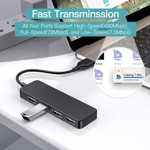 USB-forlenger, USB-hubadapter, USB-splitter 4-porters slank, multi-USB-kabeladapter