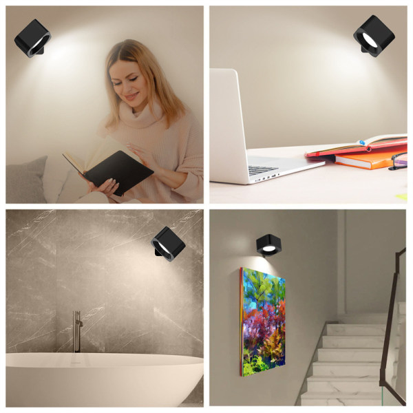 USB-fri installasjon oppladbar vegglampe LED hode seng boklys oppladbar bærbar berøring justering nattlys magnetisk skaplampe, svart