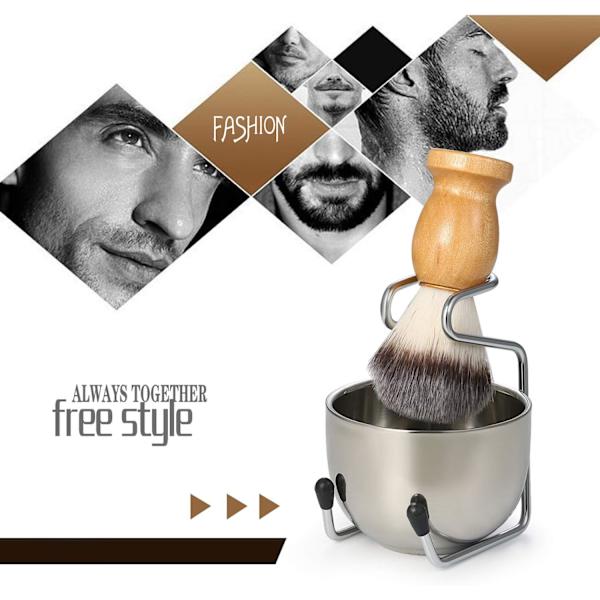 Barberingskostsett med skjegggrevlinger med treskaft + barberbolle i rustfritt stål + stativ for barberkostsett for menn