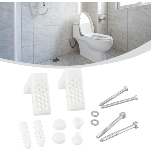 Gulvfeste-sett for L-formede toaletter - For bad, toalett, bidet - Festestøtter for føtter - Monteringsbolter - Badeskruer - Reparasjonshette