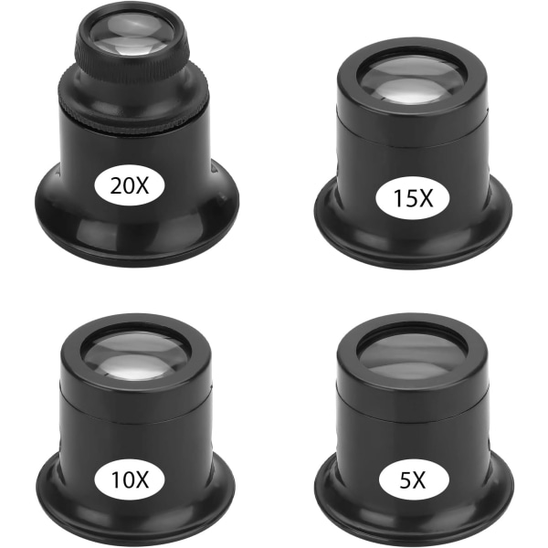 4-delad monokel för klockförstoring, 5X, 10X, 15X, 20X enkel monokel förstoringsglas set