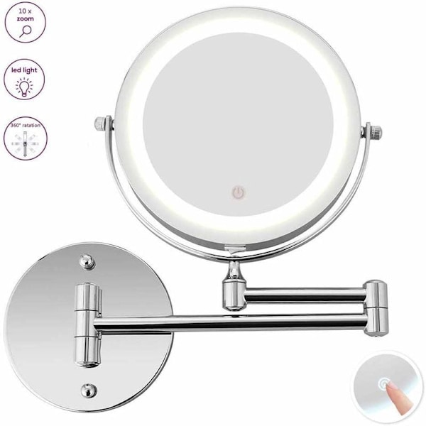 LED-valaistu meikkipeili - 10x suurentava seinään kiinnitettävä valaistu kylpyhuonepeili, kaksipuolinen joustava joutsenkaula, 360° kääntö USB-kaapelilla