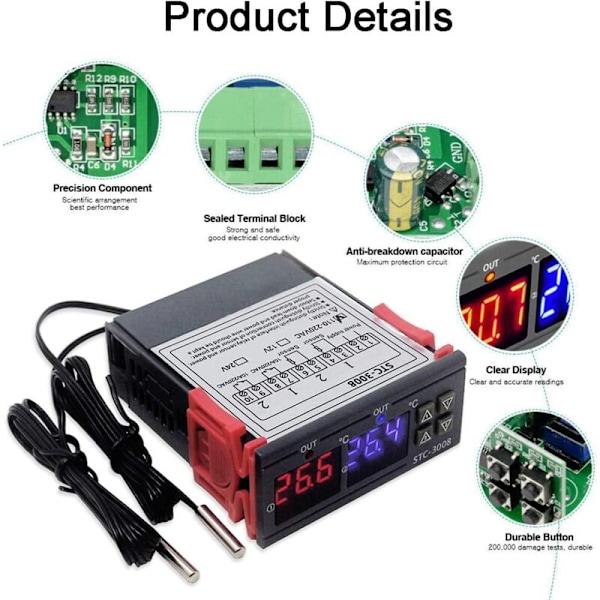 STC-3008 AC temperaturtermostatkontroller AC 110V-220V, Digital temperaturkontroller med dubbel display och dubbel NTC-probgivare, uppvärmning a