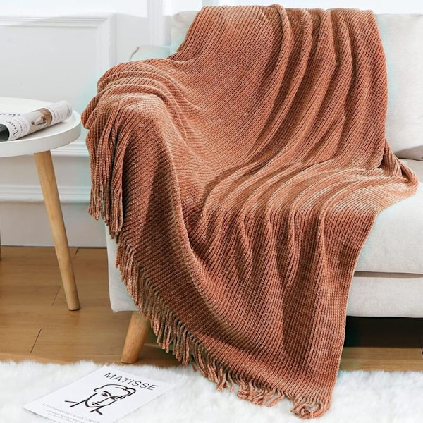 Stickad filt för soffa, söt, lantlig stil, bohemisk, med pompoms, lätt, dekorativ, lönnbrun, för säng/stol/soffa, randig textur, 180 cm bred