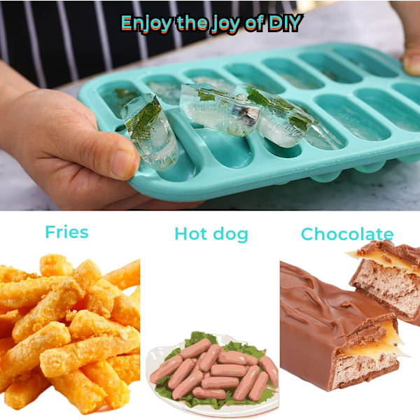 3x Grå Silikone Isterningbakke, Isterningform med låg, Pølse- og Hotdogform, Tåler opvaskemaskine og ovn, Velegnet til vandflasker