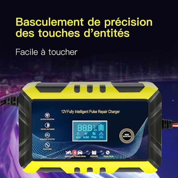Bilbatterioplader - 12V/6A Smart Batterioplader, LCD-display, Batterioplader Vedligeholder, Sort/Gul