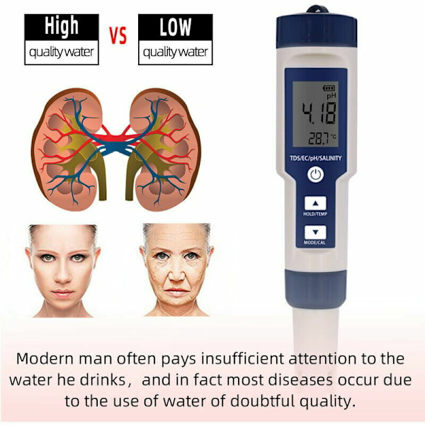 Digital temperaturtestare Ph tds EC 5 i 1, salthaltstestare, konduktivitet, vattenfilter, renhet, penna med bakgrundsbelysning