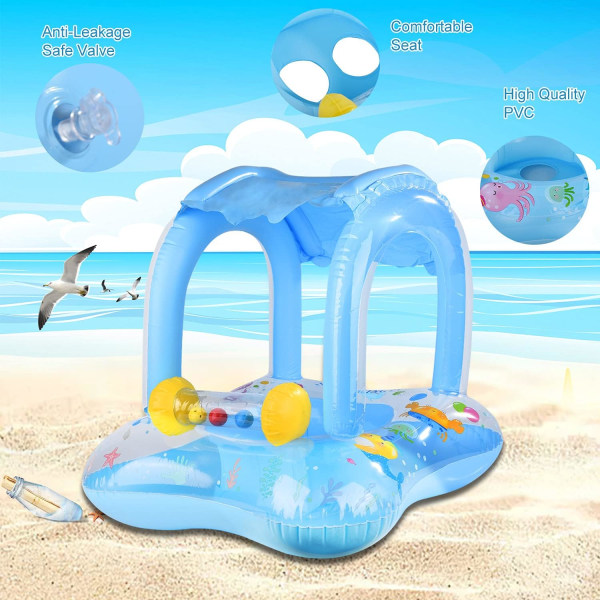 Barn simring (blå), uppblåsbar poolboj för barn, flytande simring med solskydd, baby poolstol för barn pojkar flickor
