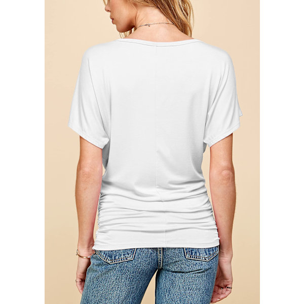 Kvinde Solid Kortærmet Båd Hals V Hals Dolman Top med Side Shirring（L Hvid）