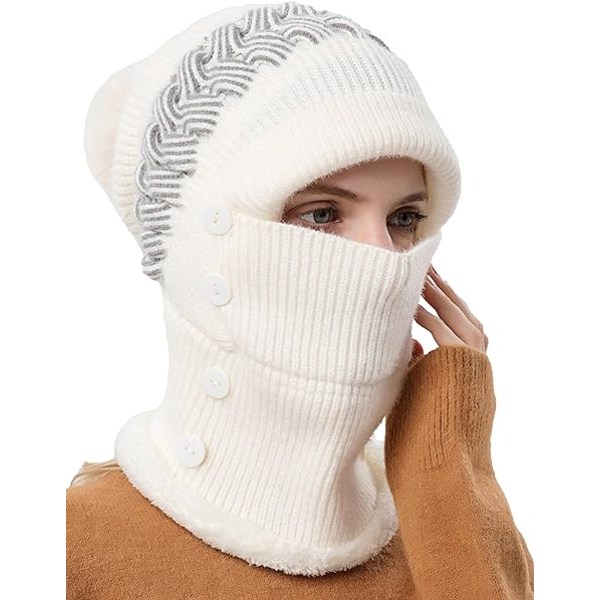 Vinterhatt för kvinnor i ett stycke Thermal Beanie Face Mask Set med Pom Poms, White