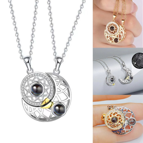 A pair of male trendy female student love memory projection sun moon star pendant spliced phase attraction collarbone chain（Two-tone）