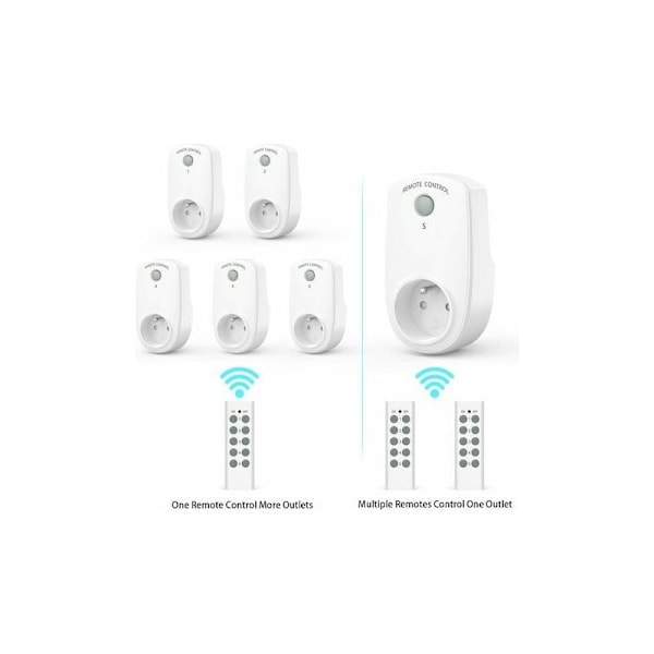 Parti med 5 elektriske programmerbare stikkontakter, trådløs fjernbetjening med 2 fjernbetjeninger, 2 batterier medfølger, 30 m kontrolafstand i åbent område, ON