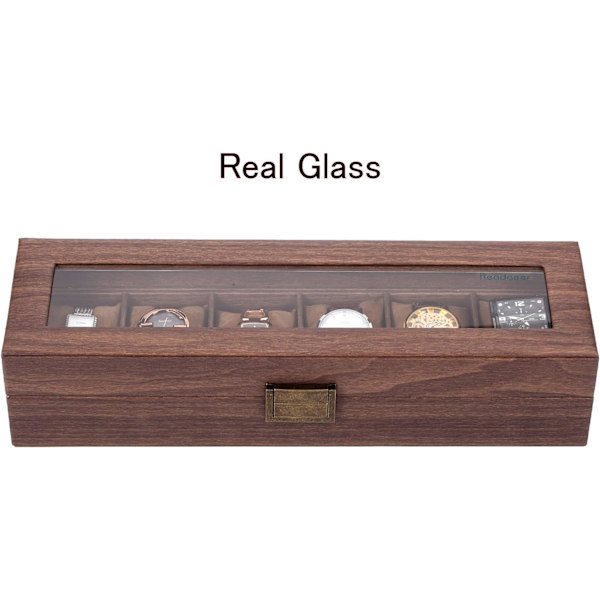 Etui för 6 klockor/display/låda/förvaring för klockor i PU och trä mönstrat glas