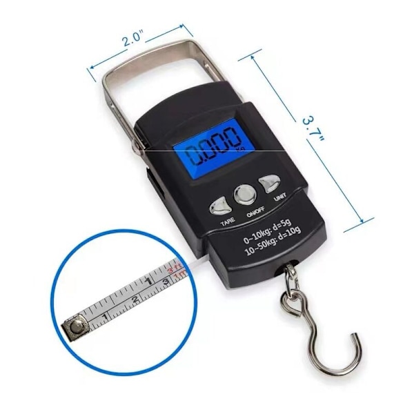 Fiskevåg elektronisk krok, digital elektronisk våg bakgrundsbelyst LCD-skärm 50 kg / 110 lb - brett rostfritt stålhandtag - 2 A