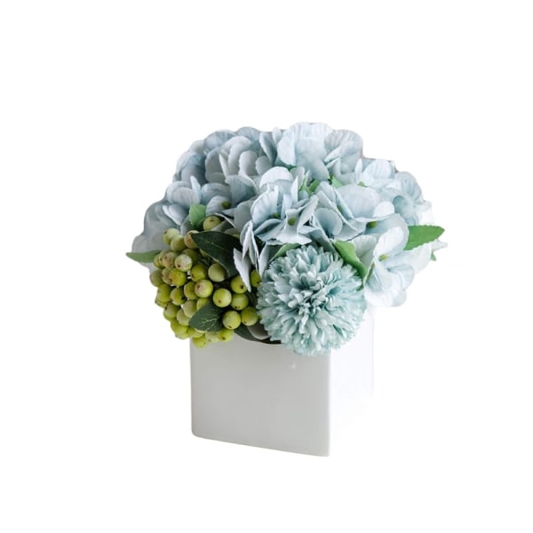 Kunstige pæonblomster i keramisk vase, kunstige hortensia blomsterdekorationer til boligindretning Kunstige blomster med vase (blå)