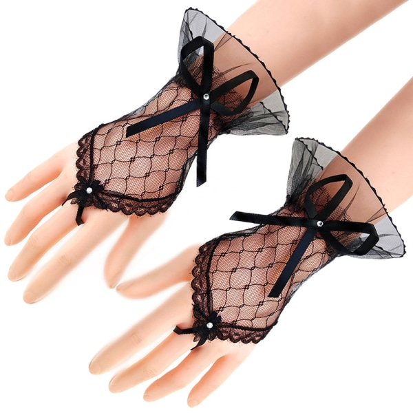 Nye korte sorte handsker blonder brude bryllup Lolita tøj mesh sløjfe ærmer