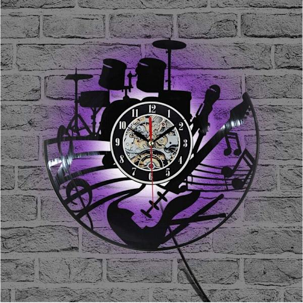 Musikgitarr Vinyl Record Väggklocka Modern Design Kreativ Väggkonst Vardagsrum Sovrum Dekoration Klocka med 12 Tums LED