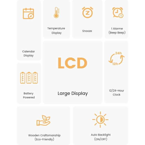 Digital väckarklocka i trä - Stor LCD-skärm med bakgrundsbelysning, temperatur, snooze & ljusstyrkesensor (Batteri ingår ej)