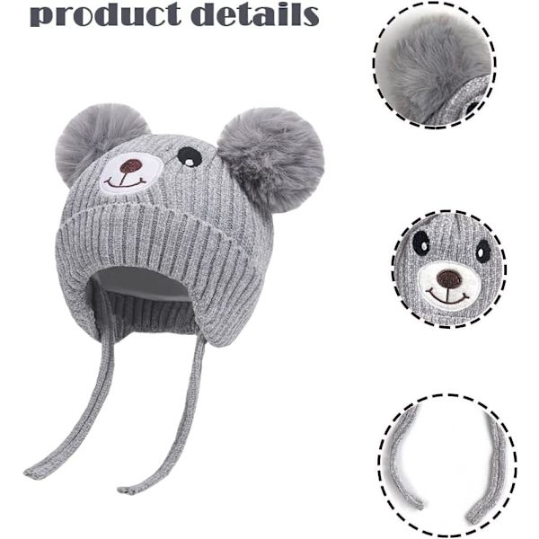 Söt björn barn vinter fleecefodrad stickad mössa med öronlappar dubbel pom pom mössa med öronlappar kallt väder varm mössa för 1-5 år gammal (grå)
