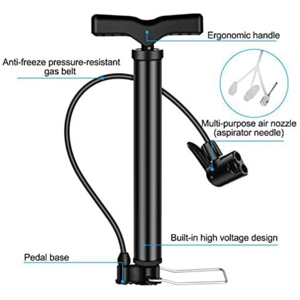 Højtryks cykelpumpe (32*13cm), 120 PSI bærbar cykel luftpumpe i aluminiumlegering, egnet til Presta og Shrader ventiler.