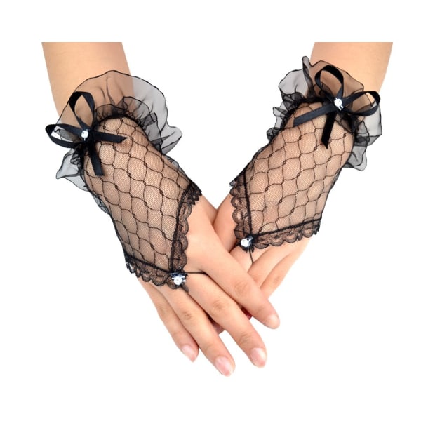Dame Bryllupsfest Fingerless Bue Lace Brudehandsker 7 Tommer Sort