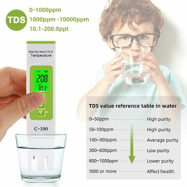 5-in-1 digitaalinen vedenlaadun mittari TDS/EC/suolapitoisuuden/SG./korkean tarkkuuden lämpötilan testaamiseen, juomaveden, talon, uima-altaan, akvaarion testaamiseen