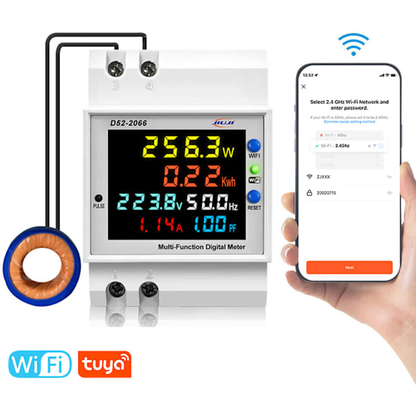Tuya WiFi Smart Elektrisitetsmåler for Hjem med Digital Display Spenning og Strøm på DIN-skinne Frekvens Sammenlignet Multifunksjon