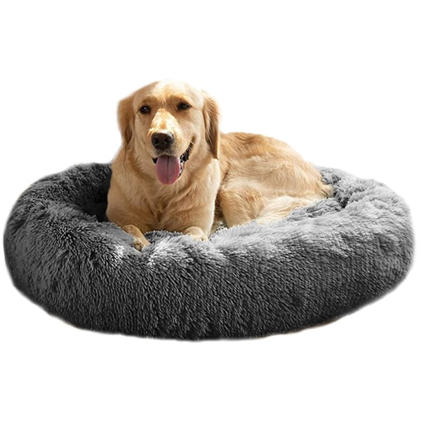 Myk plysj katte beroligende hunde seng, rund vaskbar kjæledyrseng for store hunder og mellomstore katter, plysj kunstpels opptil 11/15/24/45 kg, grå