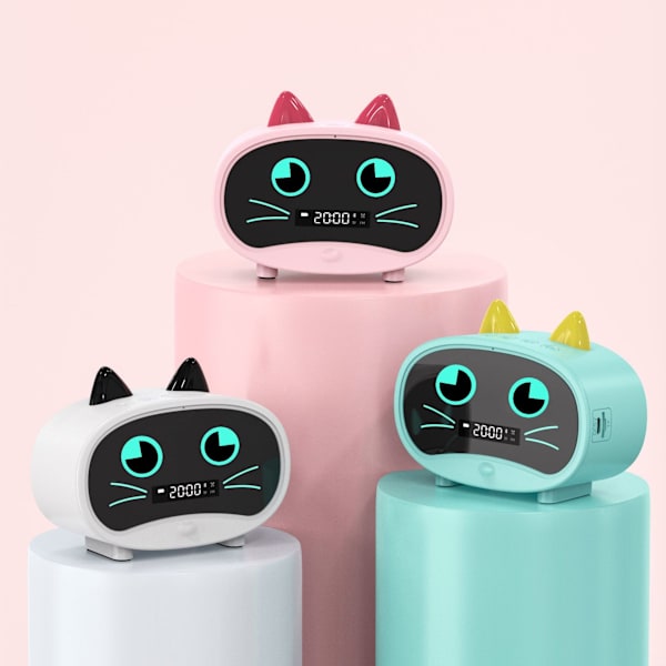 Vit tecknad katt väckarklocka dubbel väckarklocka, Bluetooth-högtalare, handsfree-samtal